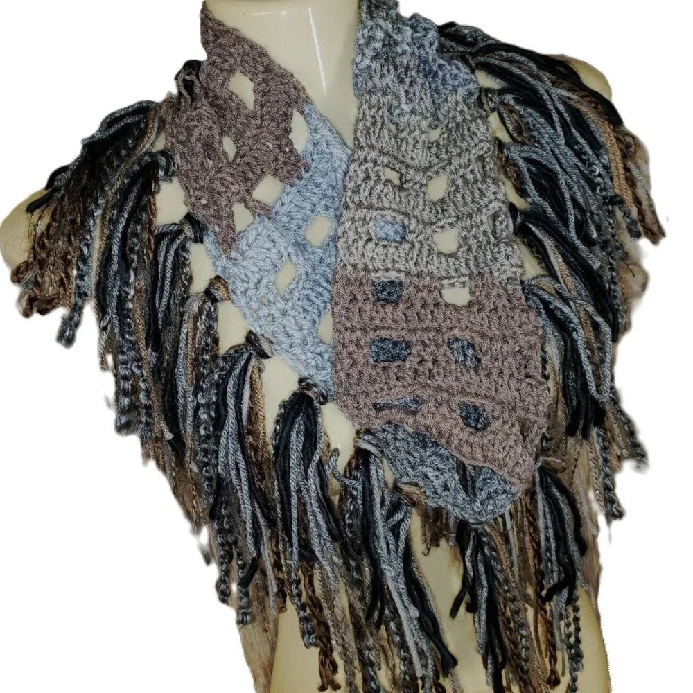 NEW Hand Crochet Gray Taupe Black Cowl Scarf‎ Boho Fringe Hippie Fairy Grunge